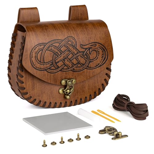 HiiFeuer Viking Craft Kits Belt Bag, Vintage DIY Kits Medieval Faux Leather Side Pack, Portable Belt Pouch for Ren Faire Brown A