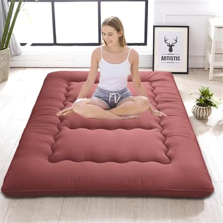 Japanese Floor Mattress,Thicken Japanese Floor Sleeping Pad Foldable,Roll Up Tatami Mat Easy to Store and Portable,Futon Mattress Suitable for Camping and Guest Room Khaki, Twin 80 x 36