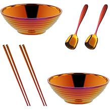 Japanese Ramen Noodle Soup Bowl Sets,2 Sets (7.09 inch) Orange Red Double Layer 18/8 Stainless Steel Bowl Sets with Chopsticks and Spoons
