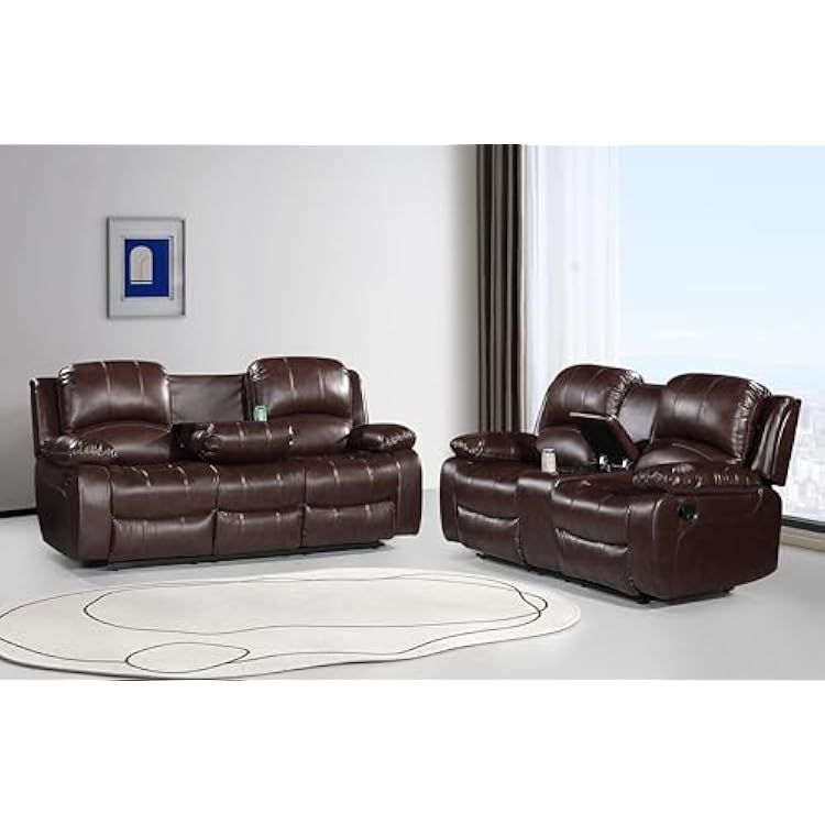 Betsy Furniture 2PC Faux Leather Manual Reclining Couch Set, Living Room Furniture Set, Sofa, Loveseat, 8018 Multiple Colors Brown, SofaLoveseat