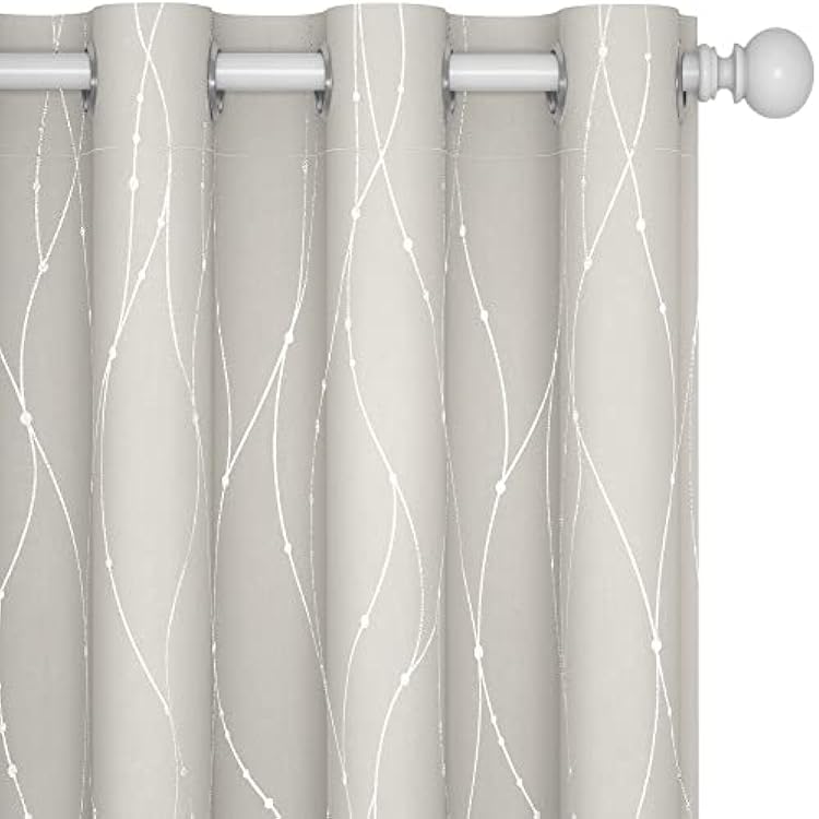 Deconovo Beige Blackout Curtains, Room Darkening Curtain, Thermal Insulated Soundproof Drapes, Silver Wave Dots Print, 52 x 45 Inch, Machine Washable Window Panels for Living Room Bedroom, Set of 2