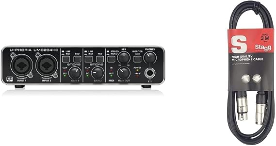 Behringer UMC204HD Audiophile 2x4, 24-Bit/192 kHz USB Audio/MIDI Interface with Midas Mic Preamplifiers & Stagg SMC3 3m XLR to XLR Plug Microphone Cable, Black