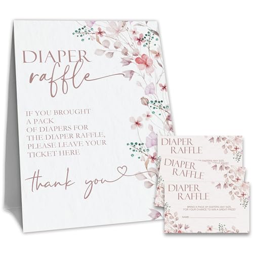 Baby Shower Diaper Raffle Game Set,Baby Shower Game Kit,Watercolor Flower Theme 1 Standing Sign & 50 Raffle Tickets,Baby Announcement,Gender Reveal Party Decorations & Supplies-A02