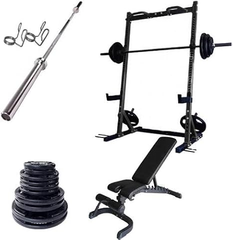 French Fitness Rubber Grip Weight Plate Set 235 lbs w/ 7 ft Olympic Bar, R4 Half Rack & Adjustable Bench Commercial Gym Equipment