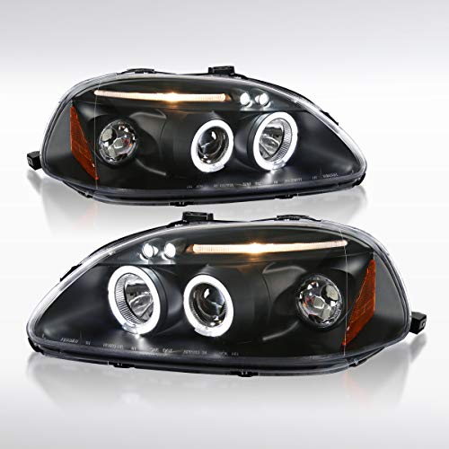 Autozensation Compatible with 1996-1998 Honda Civic, Left  Right Pair Headlamps Assembly, Projector Headlights Black
