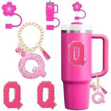 Cup Accessories Set for Stanley Cup 30oz 40oz tumbler with handle, Including Silicone Straw Topper Cover Cap, Handle Charm, Initials Sticker Fuchsia (Q)