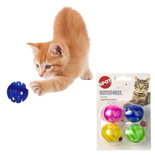 SPOT Slotted Balls Cat Toy - Interactive Cat Toys for Indoor Cats to Chase, Hunt and Stimulate - Jingle Bell Inside for Sound When Batted Around - Safe and Non-Toxic - 1.5 Assorted 4-Pack