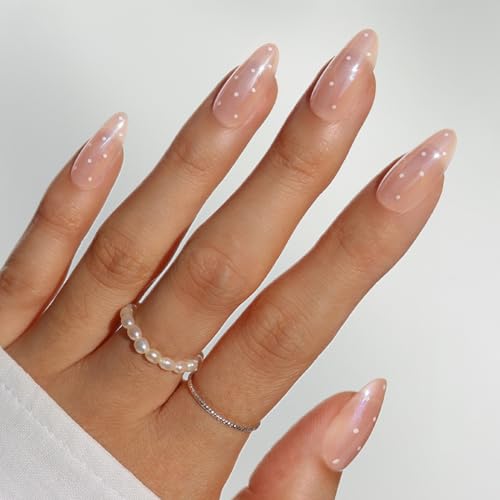 Glamnetic Press On Nails - Sugar Glazed | Medium Oval Fake Nails with a Sheer Nude Base, Mini White Polka Dots & Glazed Finish, Salon Quality Everyday Nails | 15 Sizes - 30 Nail Kit with Glue