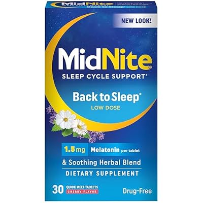 MidNite Back to Sleep Low Dose, 1.5 mg Melatonin Sleep Aid, Non-Habit Forming, Herbal Dietary Supplement for Adults, Drug-Free, Gluten-Free & Lactose-Free, Vegetarian, Vegan, 30 Quick Melt Tablets