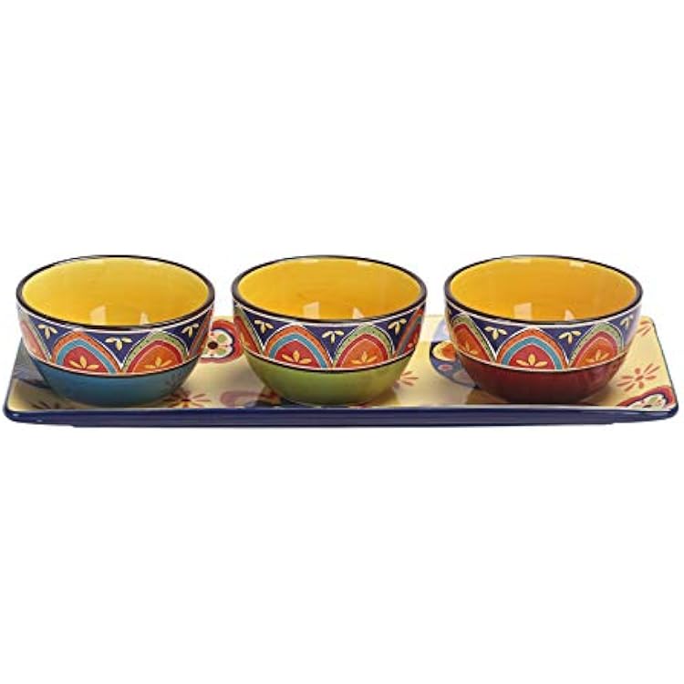 Bico Vintage Tunisian Ceramic Dipping Bowl Set 9oz bowls with 14 inch platter, for Sauce, Nachos, Snacks, Microwave & Dishwasher Safe