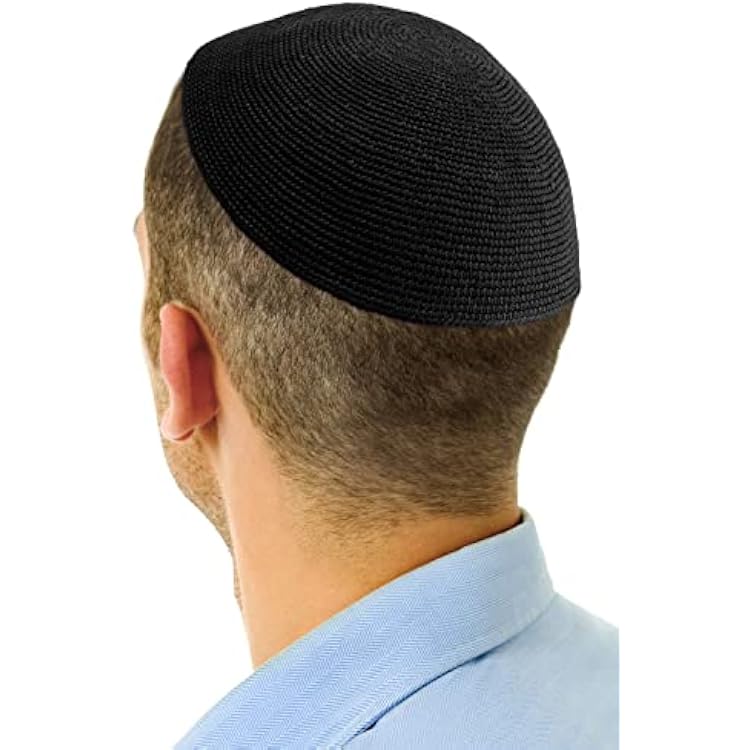 Hand Made 100% Cotton DMC Hand Knitted Kippah Hat from Israel, Hats for Men, Yarmulke Hat, Kippah for Men and Kids Black, 19cm-7.5inch-Flat