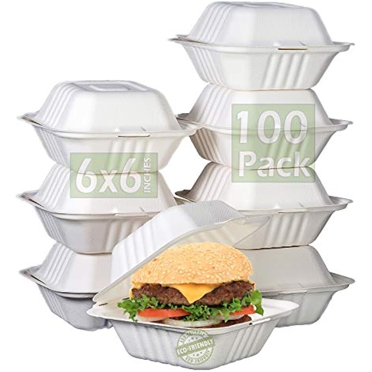 Green Earth 6-Inch, 100-Count, Compostable Clamshell, Natural Bagasse Sugarcane Fiber, Take-Outto-Go Food Boxes - Biodegradable Containers, Hinged Lid Microwave-Safe Gluten-Free Eco-Friendly