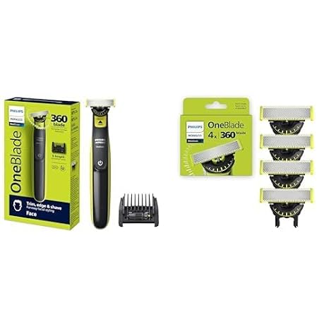 Philips Norelco OneBlade 360 Face Hybrid Electric Trimmer & Shaver, QP2724/90 with Philips Norelco OneBlade 360 Replacement Blades, 4 Pack, QP440/80 - Precision & Comfort