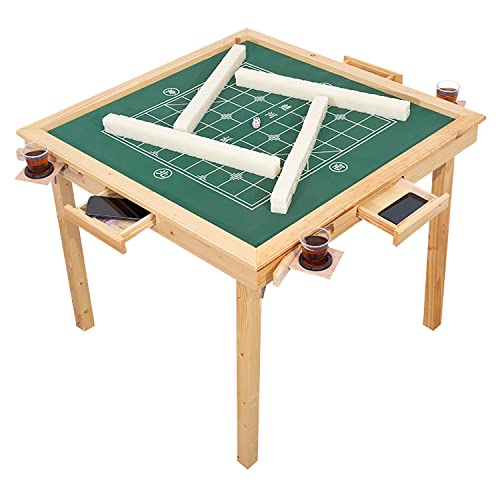 Mahjong Folding Table with Drawers,Wood Square 4 Player Domino Card Game Table with Green Felt and Cup Holders for Table, Board Game, Camping