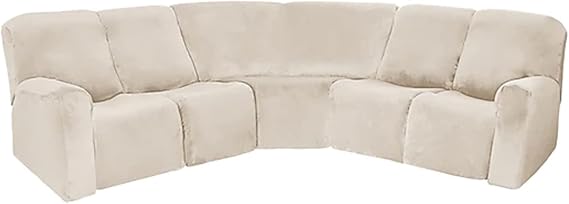 7-Piece Velvet Stretch Reclining Couch Covers 5 Seats Corner Sofa Cover L Shape Sectional Recliner Sofa Covers for Sofa Anti Slip Furniture Protector Thick Soft Washable (Beige)