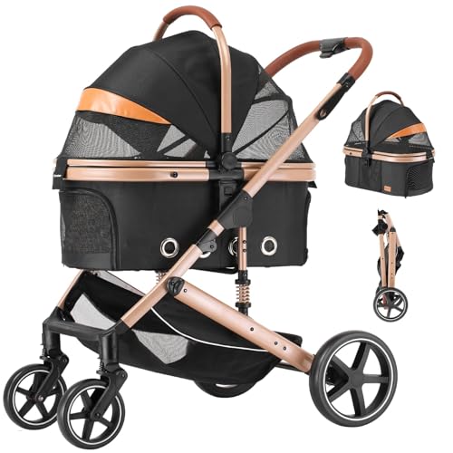 EchoSmile 4 in 1 Pet Stroller, Folding Lightweight Cat & Dog Stroller with Detachable Carrier, NO-Zip 180 Reversible Canopy, All Terrain 4-Wheel,45 lbs Capacity for Small to Medium Dogs