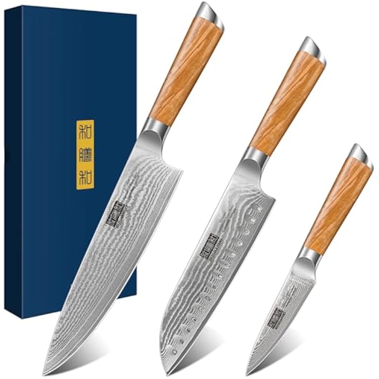 HOSHANHO Damascus Kitchen Knife Set 3-Piece, Ultra Sharp 8 Chef Knife, 7 Santoku Knife, 3.75 Paring Knife, Professional 10Cr15CoMoV Damascus Super Steel Chef Knife Set with Ergonomic Handle