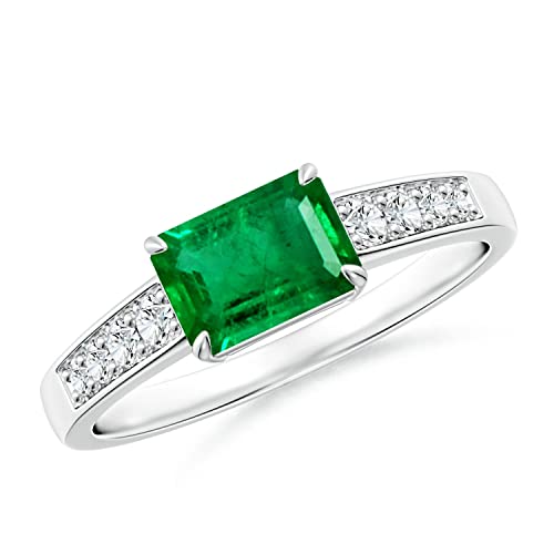 Angara Natural Emerald Ring for Women | East West Emerald-Cut Emerald Solitaire Ring with Diamond Accents in 14K Solid GoldPlatinum | May Birthday, Anniversary, Gemstone Jewellery Gift