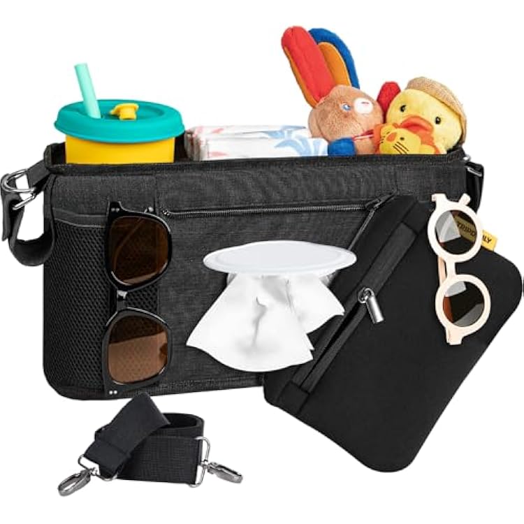 Parent Console Fits for Wonderfold W2&X2, Wagon Stroller Organizer with 2 Insulated Cup Holders, Multiple Storage Pockets, Detachable Pouch, Removable Shoulder Strap, Essential of Family