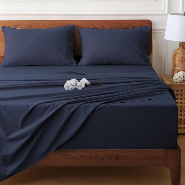 HYPREST Extra Deep Pocket Queen Sheet Sets Fits 18-24 in Thick Mattress -100% Cotton Queen Sheet Set,Navy Blue Sheets Soft Wrinkle Free Cooling Sheet Sets for Queen Bed Deep Pocket