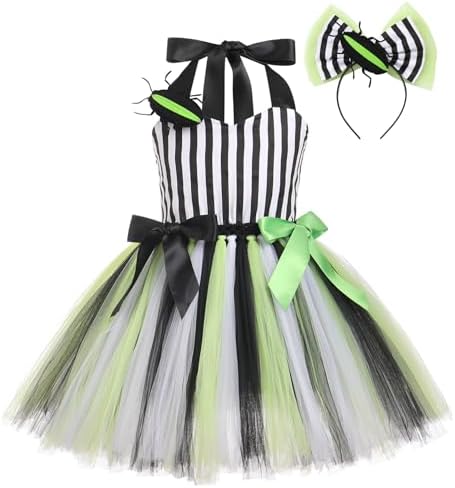 OBEEII Kids Girls Halloween Costume Black White Stripe Tulle Tutu Dress with Headband Set Carnival Fancy Dress