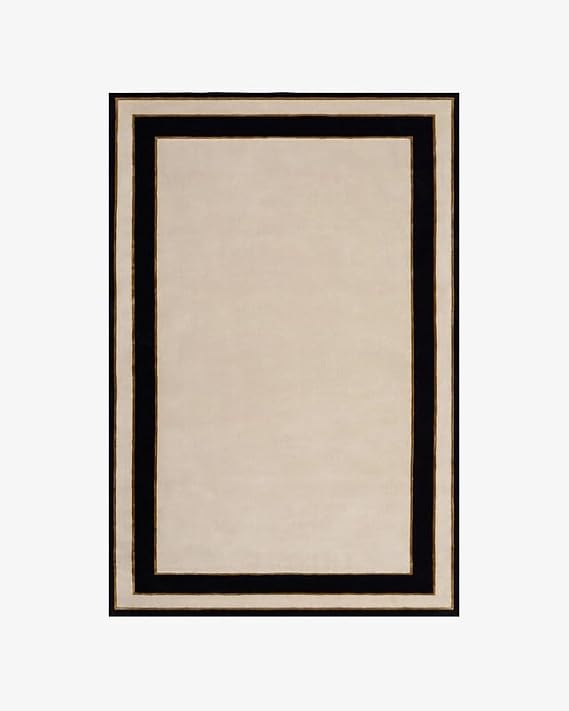 Hand-Tufted Area Rug Premium New Zealand Wool Carpet, Cream Rug with Black Border for Living Room
