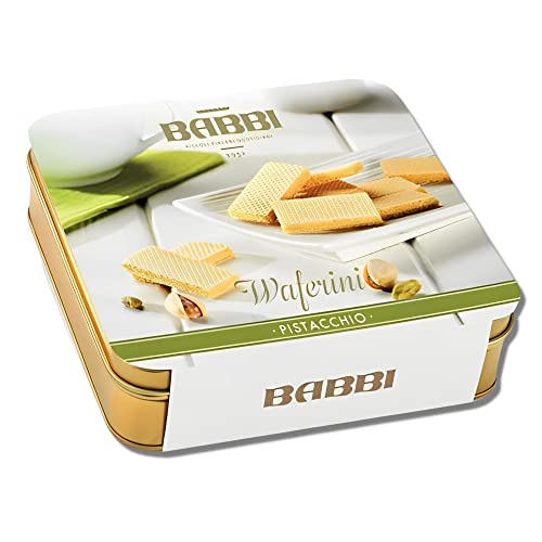 Babbi Gran Waferini Gold Tin - Italian Pistachio Wafer Cookies - Crispy Cream-filled Wafer - Gourmet Snacks from Italy - Crunchy Kids Snack - Holiday Food Gift - 6.7 oz Pistachio