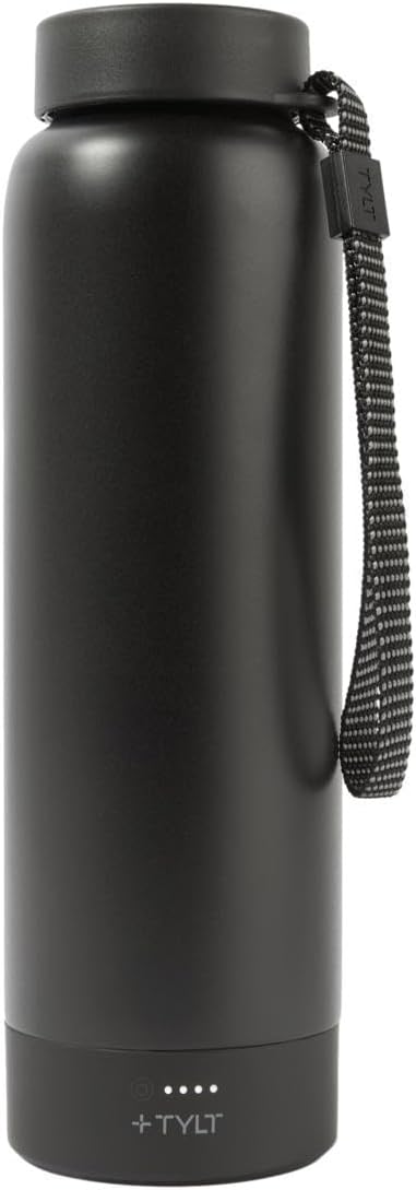 TYLT Power Bottle 2.0 24oz Stainless Steel Wide Mouth Water Bottle Removable 5700mAh Magnetic Portable Power Bank Dishwasher Safe Cup Holder Compatible Lanyard Handle Black