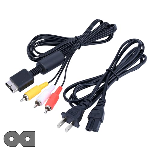 Power Cord and AV Cable for PS2 PS1, 2 Prong AC Power Cord and Audio Video Cable Compatible with PlayStation 1 2 Fat Console Replacement Set