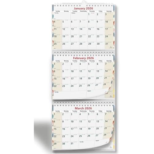 2026 2027 3-Month Wall Calendar by StriveZen, Move-a-Page, 11 x 26 Inches, Large, Vertical, Wire bound, January 26 - December 27, Use as Three Separate Calendars