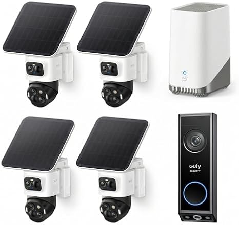 eufy Security eufyCam S4 4-Cam Kit with Video Doorbell E340, 4K Solar Camera Wireless Outdoor, 3-Lens PTZ Cam, 360 View, Whole-Home Coverage, AI Recognition, 8X Zoom, No Monthly Fee, Local Storage