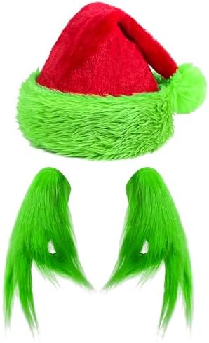 Hikkcos Green Gloves Adult and Christmas Santa Hat Green Furry Gloves Halloween Monster Costume for Cosplay Accessory Halloween Christmas Party Supplies