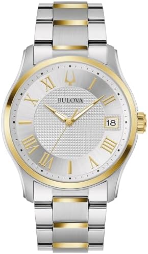 Bulova Mens Classic Wilton Two Tone Stainless Steel 3-Hand Watch, Silver White Dial, Style:98B391