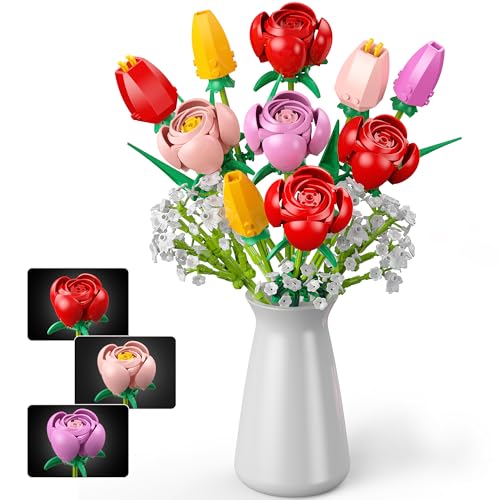 Flower Bouquet Building Set, 680PCS Tulip & Rose Block Kit for Adults & Kids Ages 6, DIY Floras for Home Office Decor, Birthday, Valentines Day & Mothers Day
