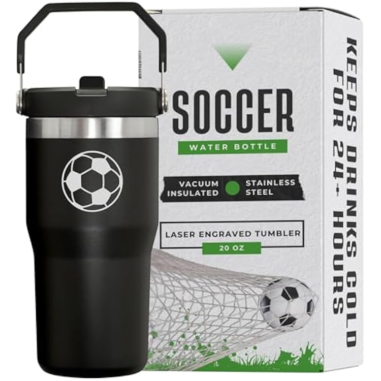 Soccer Water Bottle for Boys and Girls - Stainless Steel Vacuum Insulated Soccer Tumbler, Laser Engraved Water Bottle 20oz