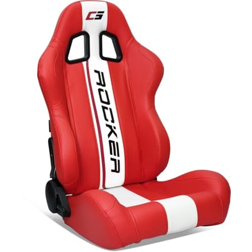 Universal Racing Seat with Dual Sliders, PU Leather Reclinable Bucket Seat, Passenger Side-Red  White Stripe LOGO