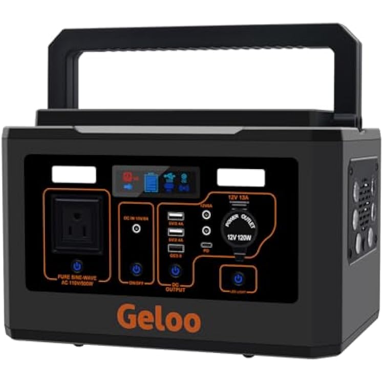 Geloo Portable Power Station 500W, Outdoor Solar Generator Battery Backup Power Supply, Portable Generator for Camping, Home Use, Backup Emergency,Fishing, Climbing, Outdoor Travel, RVVan Black