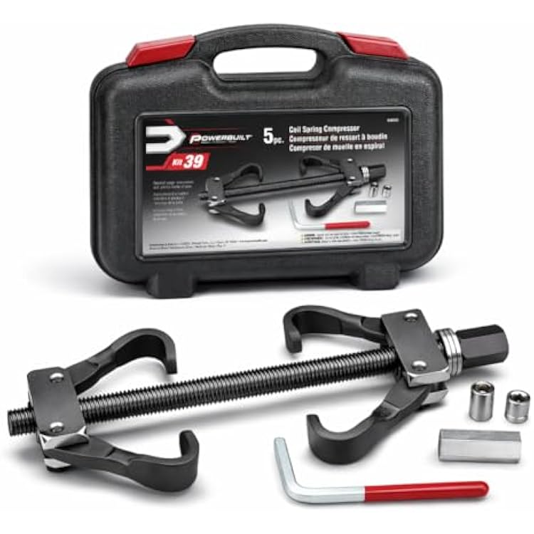 Powerbuilt Coil Spring Compressor Tool Kit, 5 Piece, Straight or Curved Coil Springs, Shock Absorbers, Foreign and Domestic, Storage Case - 648603, Black