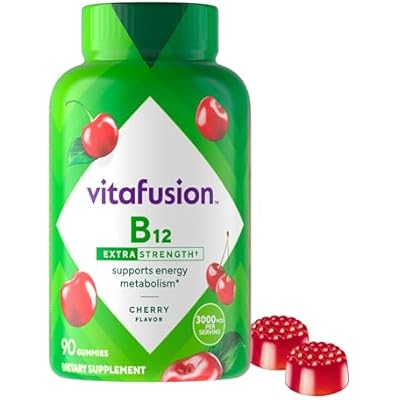 vitafusion Extra Strength Vitamin B12 Gummies, Supports Energy Metabolism and Nervous System Health Support, Gummy Vitamin Supplement for Women and Men, Cherry Flavor, 45 Day Supply, 90 Count