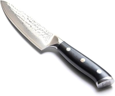 Kanka Grill 5 Damascus Steel Utility Knife - Professional 67 Layers, Hammered Finish, G10 Fiberglass Handle, Razor Sharp Kitchen Blade for Cooking, BBQ, Meat, Veggies & Slicing - Black