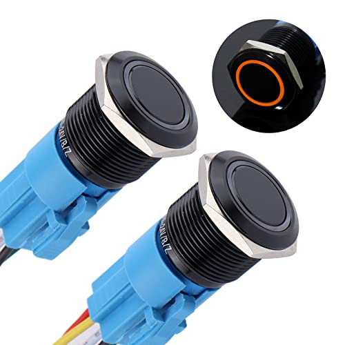 2PCS 19mm Metal Waterproof Anti-Vandal Latching Push Button Switch Self-Locking Black Shell with Pre-Wired Socket for 34 Mounting Hole 12V-24V ON Off 5Pins 1NO 1NC Halo Ring Yellow LED Light