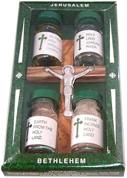 Holy Land Market Holy Land Olive Wood Cross Set - Holy Anointing Oil from Israel, Jordan River Water, Holy Earth, Incense