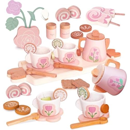 Wooden Tea Set for Little Girls, Pretend Play Tea Party Set Toy with 26 PCS Play Kitchen Accessories, Princess Tea Set Toy, Birthday Gift for Kids 3-5 Years Old, Improve Imagination