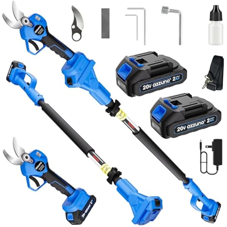 AZZUNO 20V 2-IN-1 Electric Pole Pruning Shears: 1.4 Inch Cordless Long Handle Pruner 13ft Reach, Brushless Branch Cutter with LCD Display for Tree Trimming Gardening 2Pcs 2.0Ah Batteries and Charger