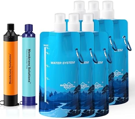 Membrane Solutions Squeezable Water Filtration System, Survival Water Purifier Kit, Portable Backpacking Gear Including Water Filter Straw and 23oz Collapsible Bottle for Hiking Camping Travel(2+6)