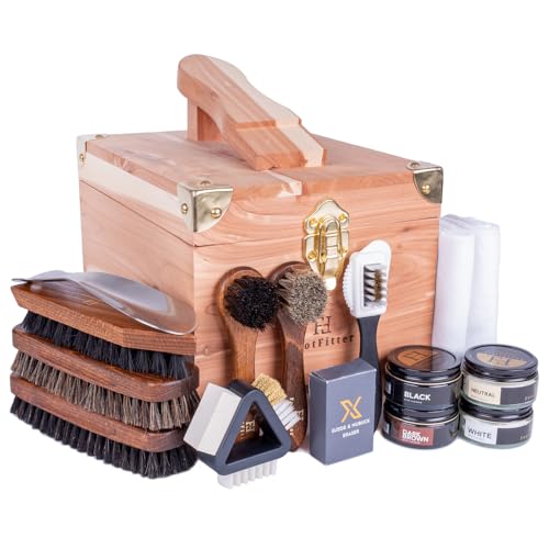 FootFitter Leather Shoe Shine & Suede Cleaning Set with Grand Cedar Valet Box, Polish Creams, Brushes & Premium Care Tools