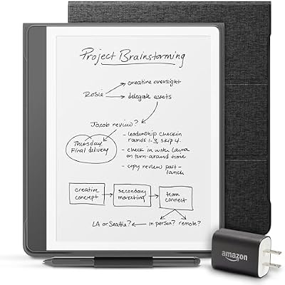 Amazon Kindle Scribe Essentials Bundle including Kindle Scribe (16GB) - Tungsten, Premium Pen, Fabric Folio-Black, and Power Adapter