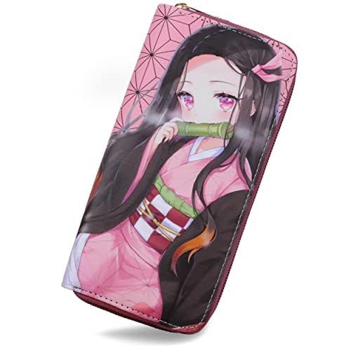 Roffatide Anime Wallets Kamado Nezuko Zipper Wallet Faux Leather Long Wallet for Women Men