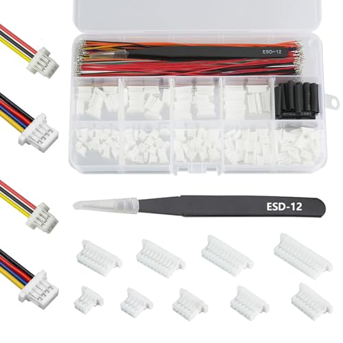 JST SH1.0mm Connector and Pre-Crimped Cables Kit, 140 Connectors, 10 Colors, 150 Wires 28AWG 150mm,Tweezers