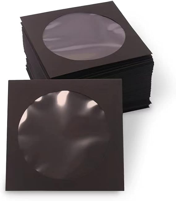 100pcs CD DVD Sleeves, Black Paper CD DVD Sleeves Envelope Holder with Clear Window and Flap,120g Heavy Weight
